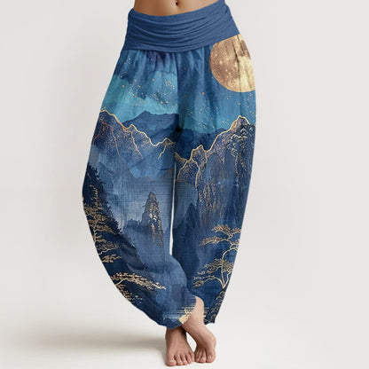 Cotton Casual Full Moon Mountains Trees River Pattern Women's Elastic Waist Harem Pants