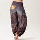 Cotton Casual Full Moon Mountains Trees River Pattern Women's Elastic Waist Harem Pants