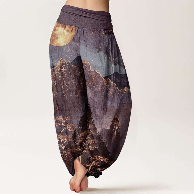 Cotton Casual Full Moon Mountains Trees River Pattern Women's Elastic Waist Harem Pants