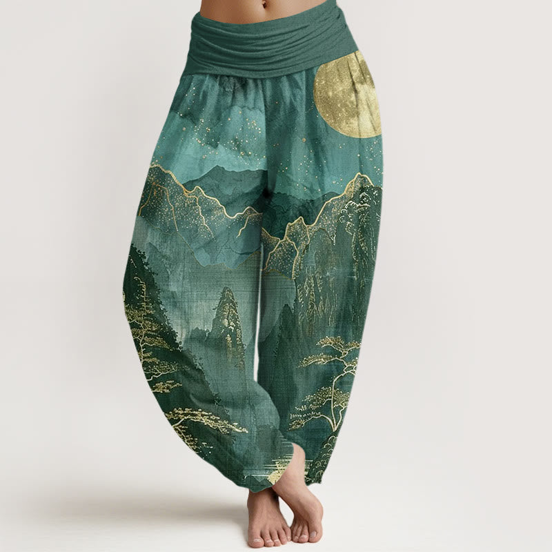 Cotton Casual Full Moon Mountains Trees River Pattern Women's Elastic Waist Harem Pants
