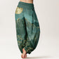 Cotton Casual Full Moon Mountains Trees River Pattern Women's Elastic Waist Harem Pants