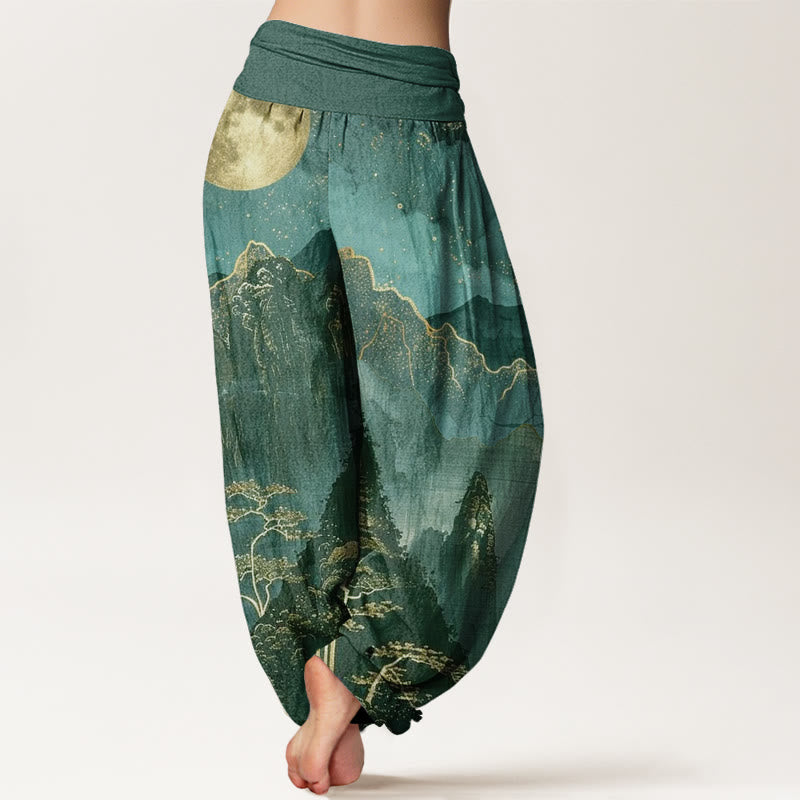 Cotton Casual Full Moon Mountains Trees River Pattern Women's Elastic Waist Harem Pants
