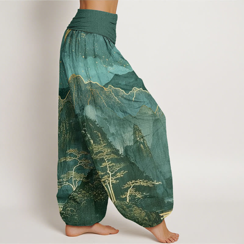 Cotton Casual Full Moon Mountains Trees River Pattern Women's Elastic Waist Harem Pants