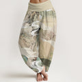 Cotton Chinese Landscape Mountains Rivers Mist Design Women's Elastic Waist Harem Pants