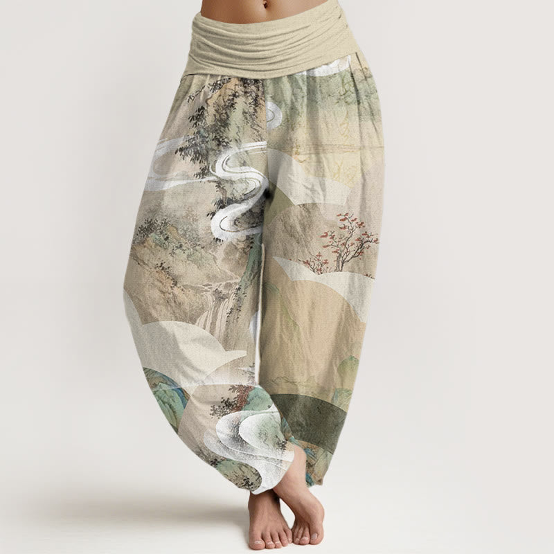 Cotton Chinese Landscape Mountains Rivers Mist Design Women's Elastic Waist Harem Pants