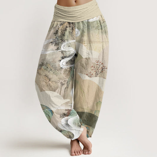 Cotton Chinese Landscape Mountains Rivers Mist Design Women's Elastic Waist Harem Pants