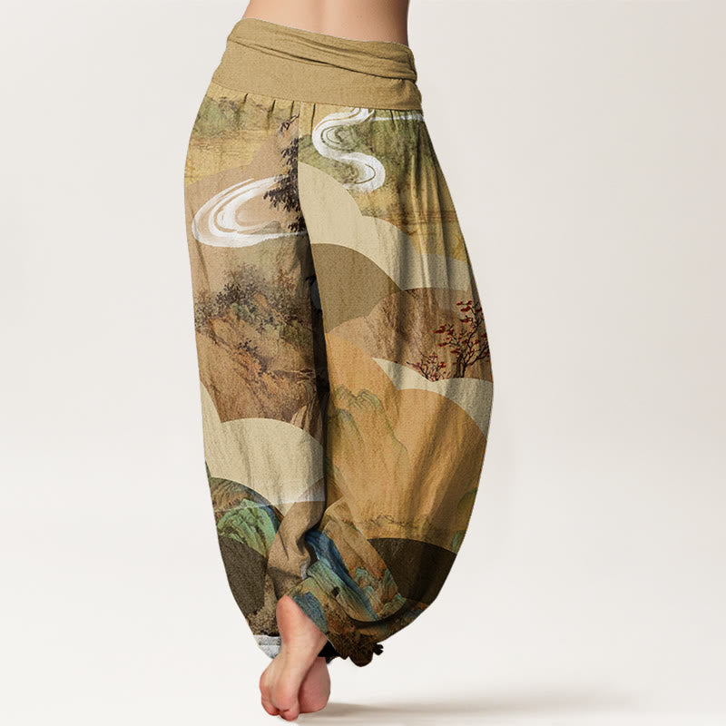 Cotton Chinese Landscape Mountains Rivers Mist Design Women's Elastic Waist Harem Pants