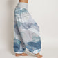 Cotton Chinese Landscape Mountains Rivers Mist Design Women's Elastic Waist Harem Pants