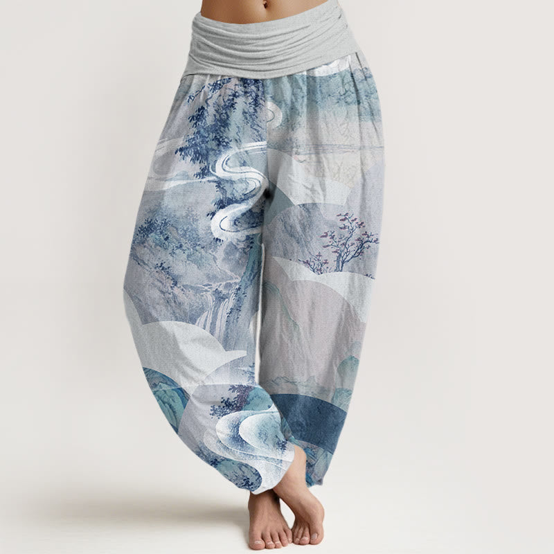 Cotton Chinese Landscape Mountains Rivers Mist Design Women's Elastic Waist Harem Pants