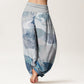 Cotton Chinese Landscape Mountains Rivers Mist Design Women's Elastic Waist Harem Pants