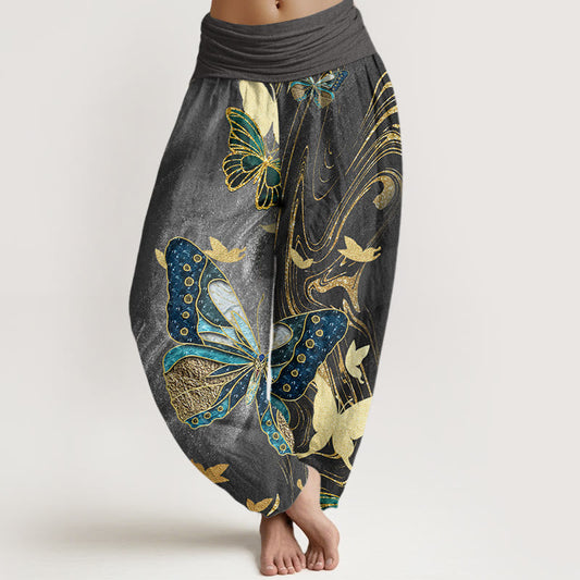Cotton Casual Butterfly Gold Line Pattern Women's Elastic Waist Harem Pants