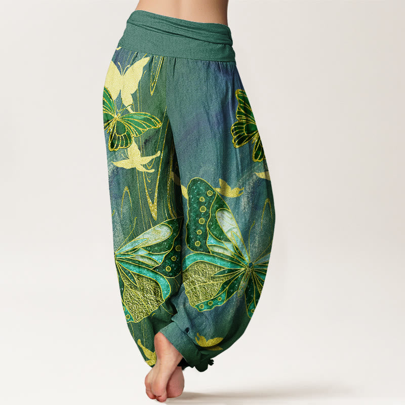 Cotton Casual Butterfly Gold Line Pattern Women's Elastic Waist Harem Pants