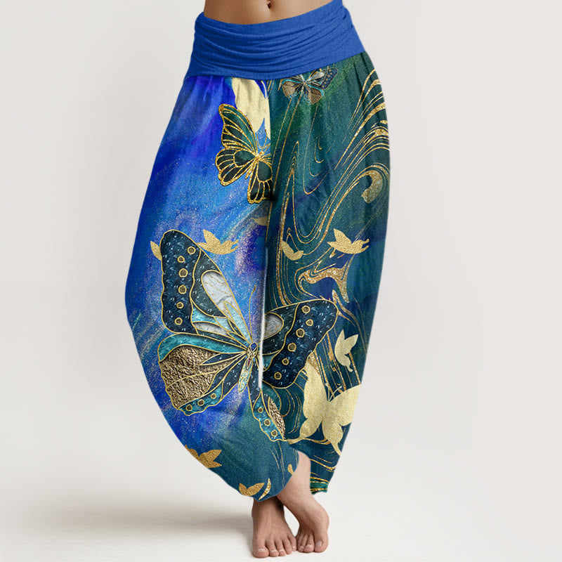 Cotton Casual Butterfly Gold Line Pattern Women's Elastic Waist Harem Pants