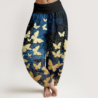 Cotton Casual Golden Butterfly Pattern Women's Elastic Waist Harem Pants