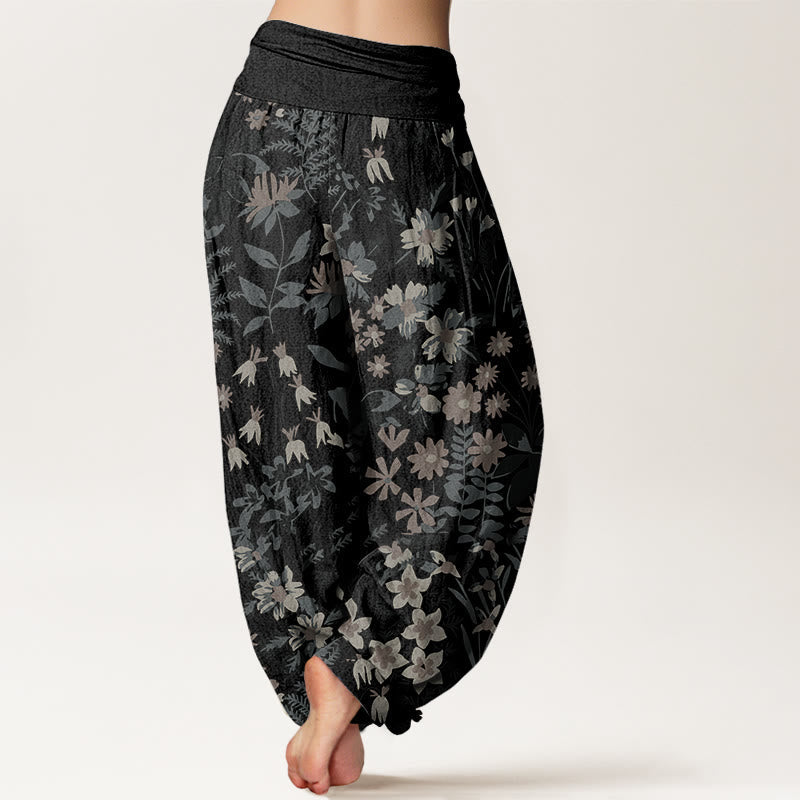 Cotton Casual Daisy Flowers Leaves Design Women's Elastic Waist Harem Pants