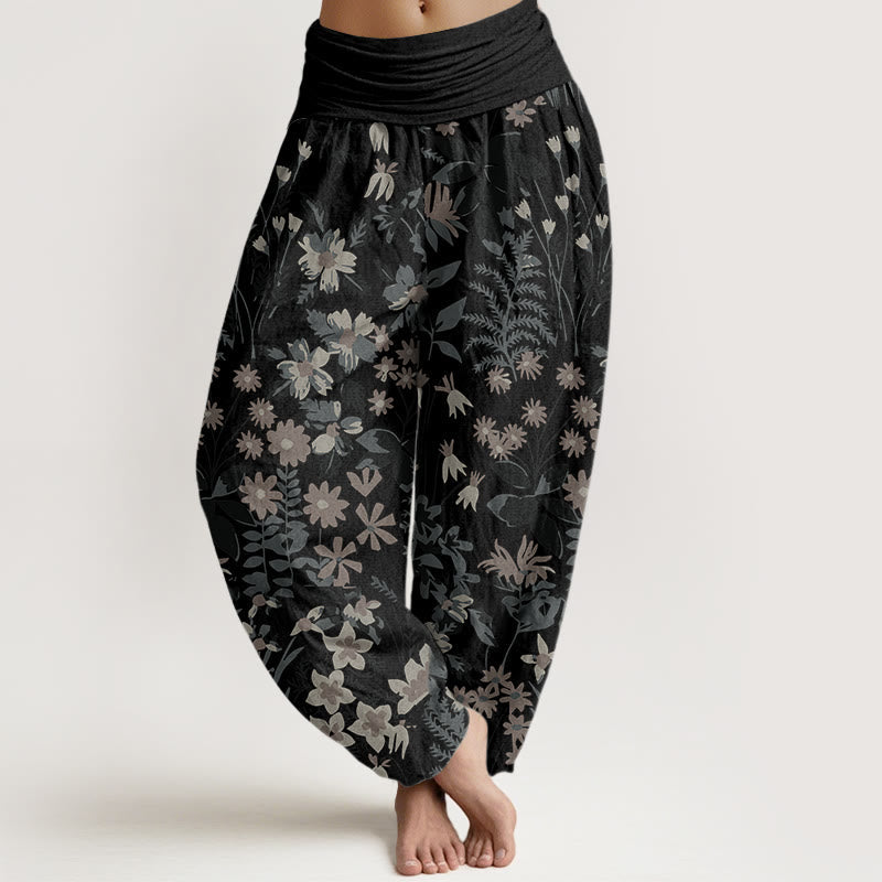 Cotton Casual Daisy Flowers Leaves Design Women's Elastic Waist Harem Pants