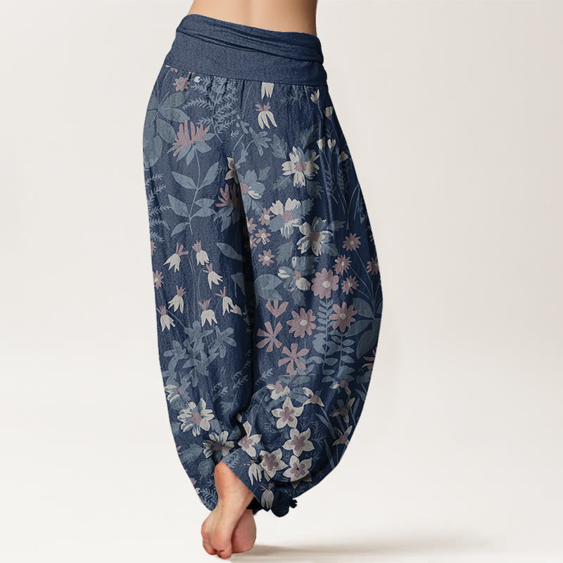 Cotton Casual Daisy Flowers Leaves Design Women's Elastic Waist Harem Pants