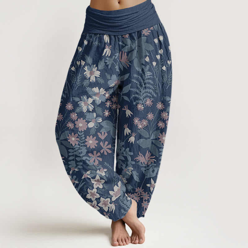 Cotton Casual Daisy Flowers Leaves Design Women's Elastic Waist Harem Pants