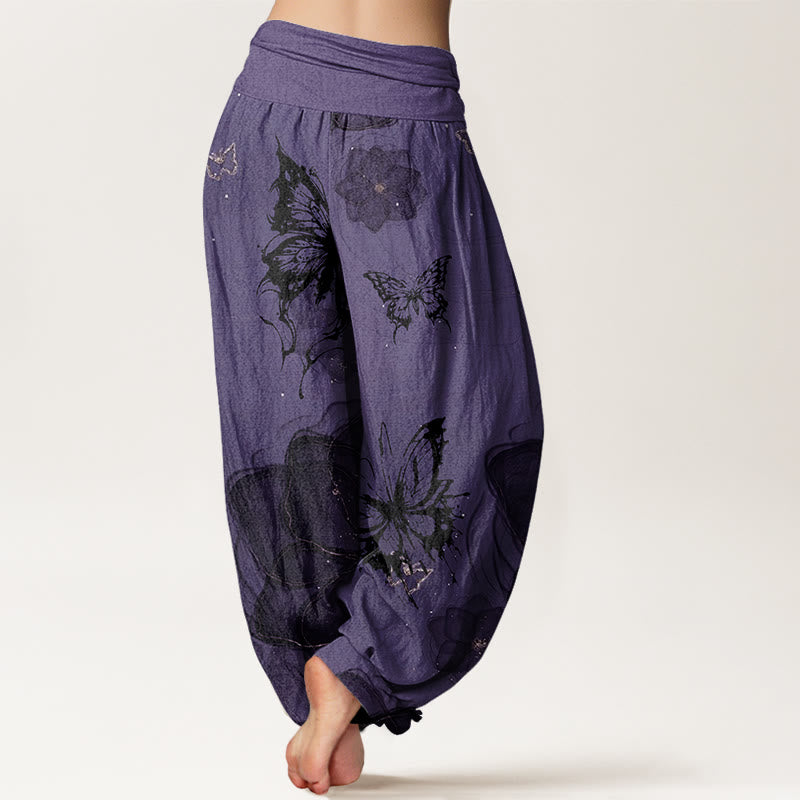Cotton Butterfly Flowers Pattern Women's Elastic Waist Harem Pants
