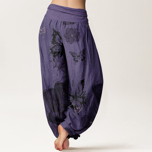 Cotton Butterfly Flowers Pattern Women's Elastic Waist Harem Pants