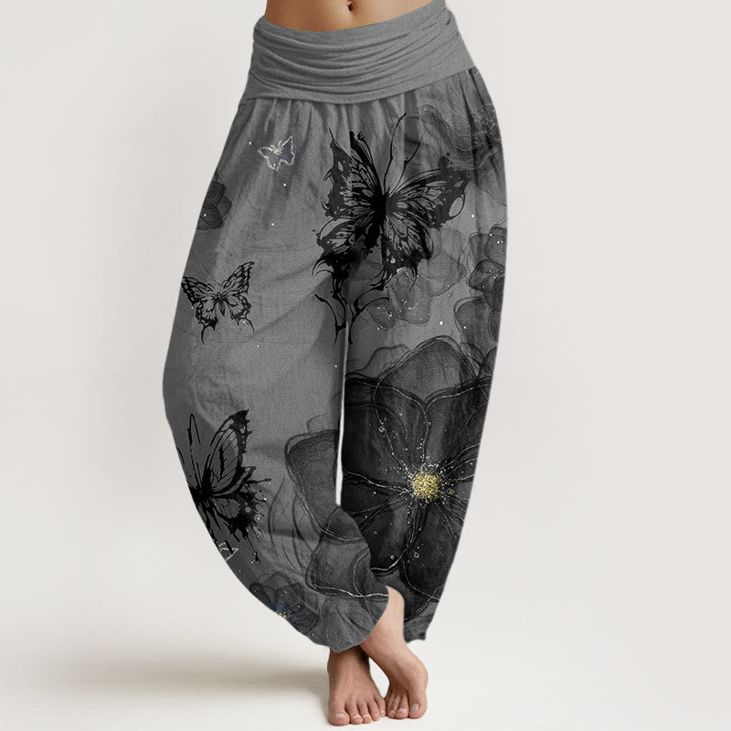 Cotton Butterfly Flowers Pattern Women's Elastic Waist Harem Pants