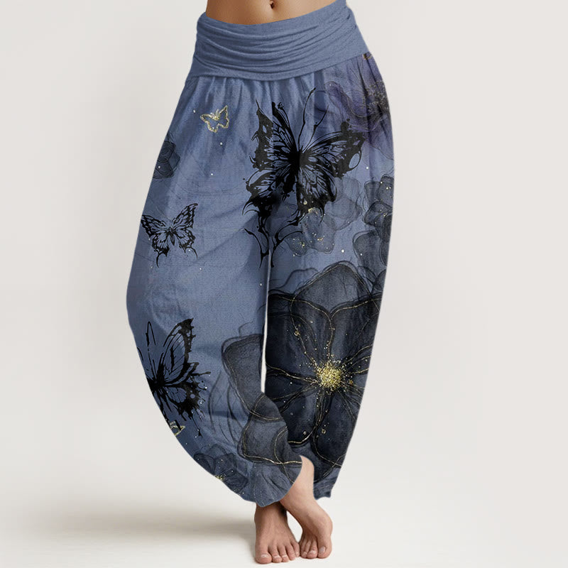 Cotton Butterfly Flowers Pattern Women's Elastic Waist Harem Pants