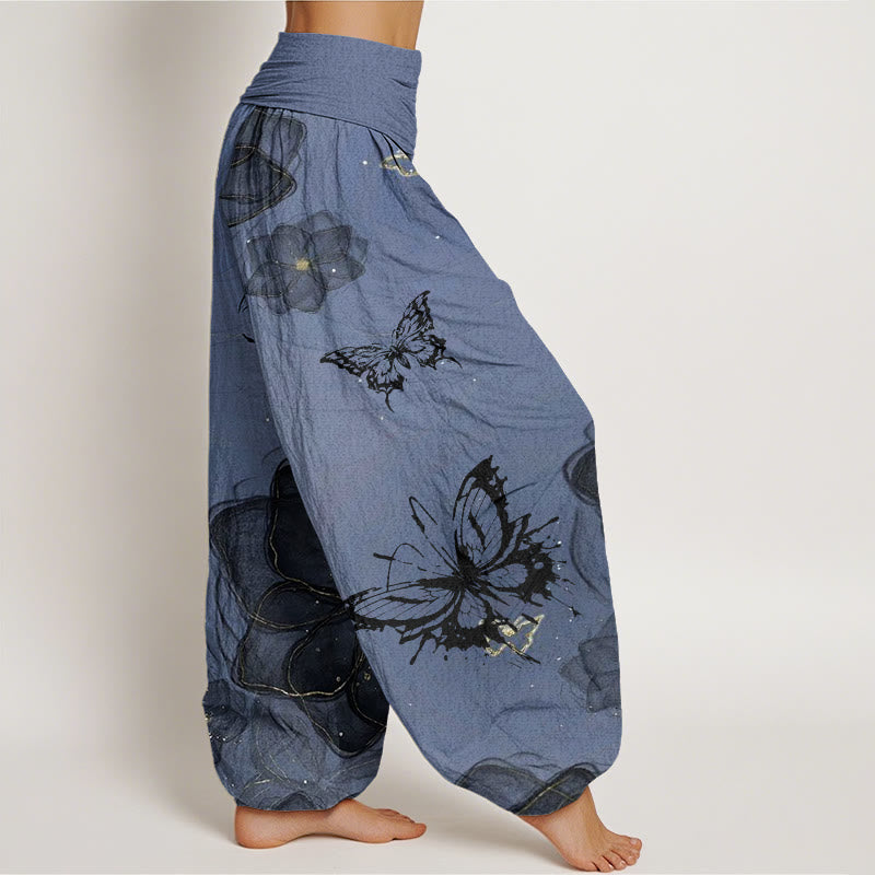 Cotton Butterfly Flowers Pattern Women's Elastic Waist Harem Pants