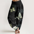 Cotton Butterfly Bamboo Leaves Chinese Characters Pattern Women's Elastic Waist Harem Pants