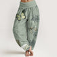 Cotton Butterfly Bamboo Leaves Chinese Characters Pattern Women's Elastic Waist Harem Pants