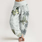 Cotton Butterfly Bamboo Leaves Chinese Characters Pattern Women's Elastic Waist Harem Pants