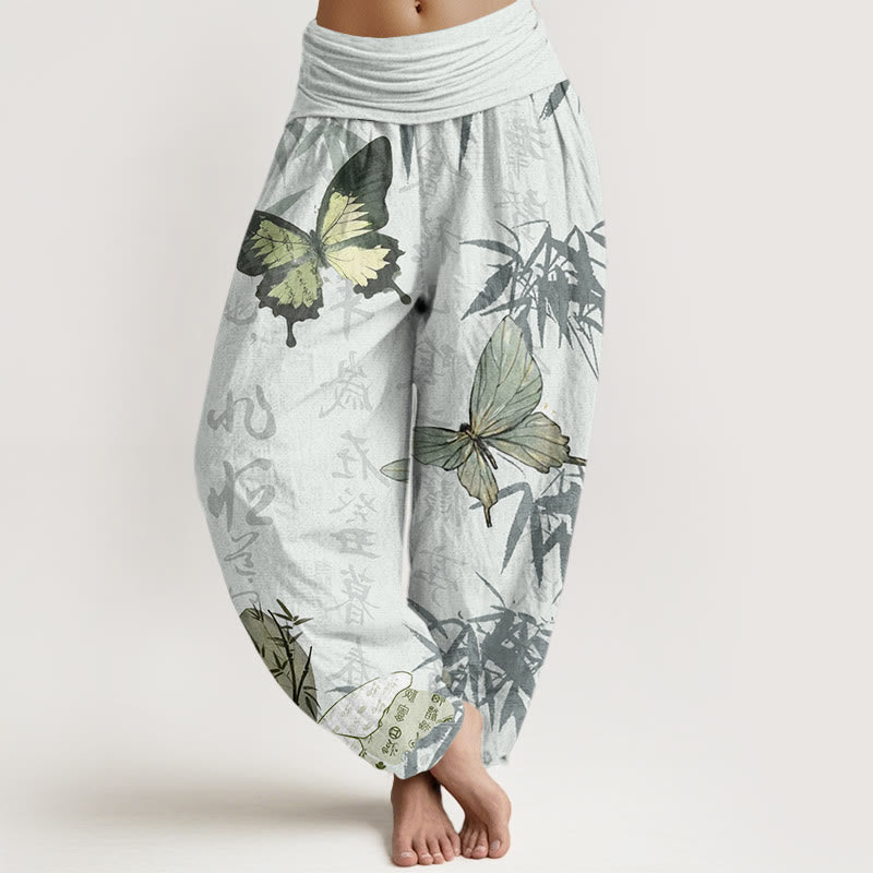 Cotton Butterfly Bamboo Leaves Chinese Characters Pattern Women's Elastic Waist Harem Pants