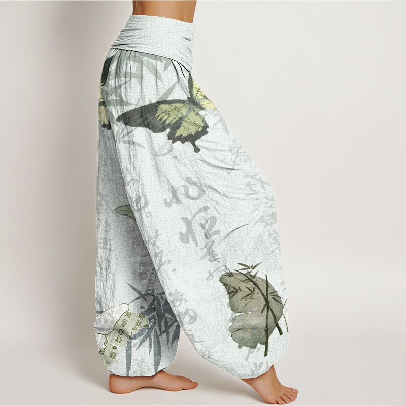 Cotton Butterfly Bamboo Leaves Chinese Characters Pattern Women's Elastic Waist Harem Pants