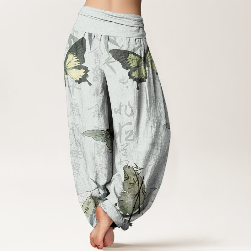 Cotton Butterfly Bamboo Leaves Chinese Characters Pattern Women's Elastic Waist Harem Pants