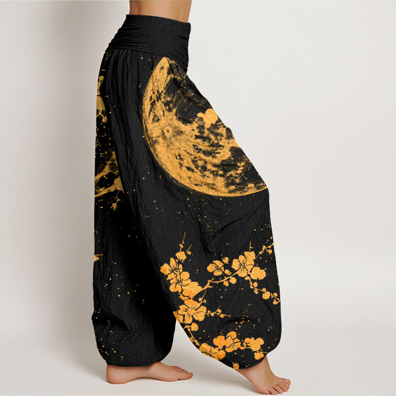 Cotton Golden Plum Blossom Full Moon Pattern Women's Elastic Waist Harem Pants
