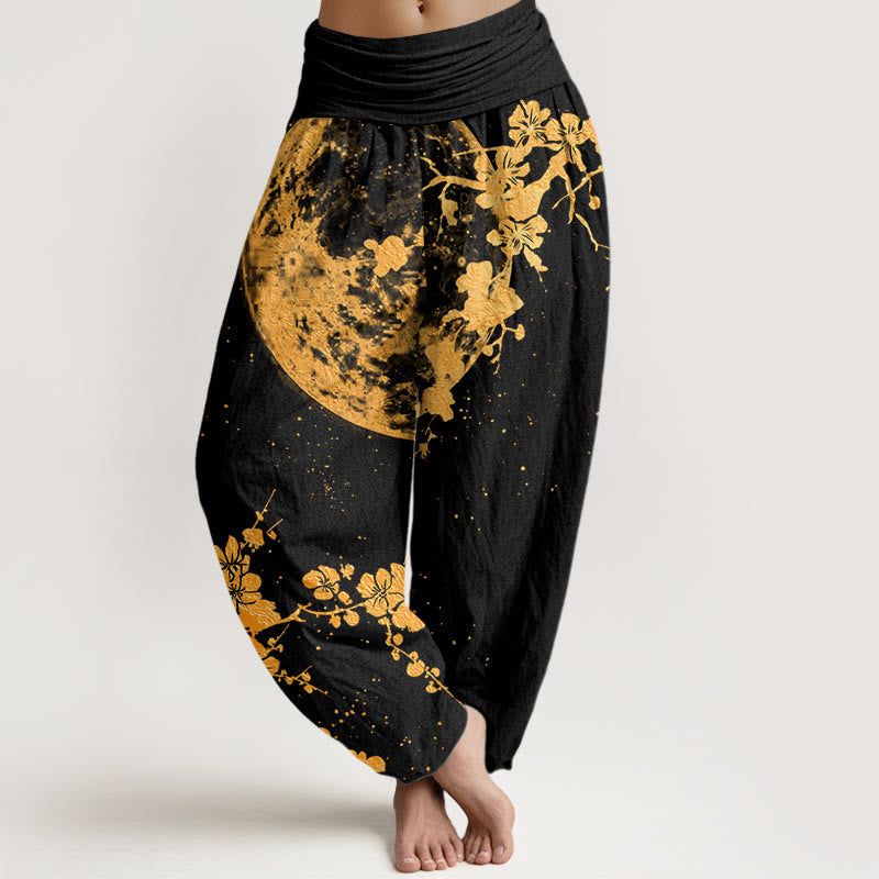Cotton Golden Plum Blossom Full Moon Pattern Women's Elastic Waist Harem Pants