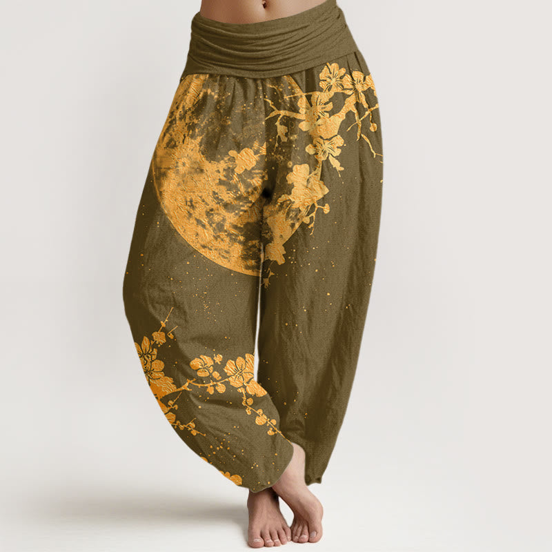 Cotton Golden Plum Blossom Full Moon Pattern Women's Elastic Waist Harem Pants