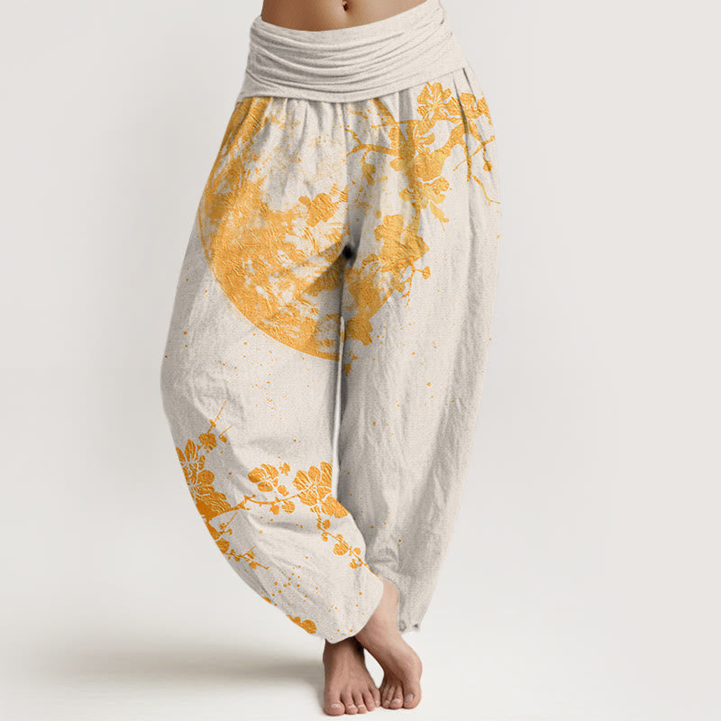 Cotton Golden Plum Blossom Full Moon Pattern Women's Elastic Waist Harem Pants