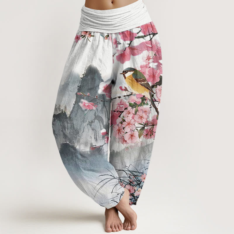 Cotton Bird Cherry Blossom Mountains Pattern Women's Elastic Waist Harem Pants