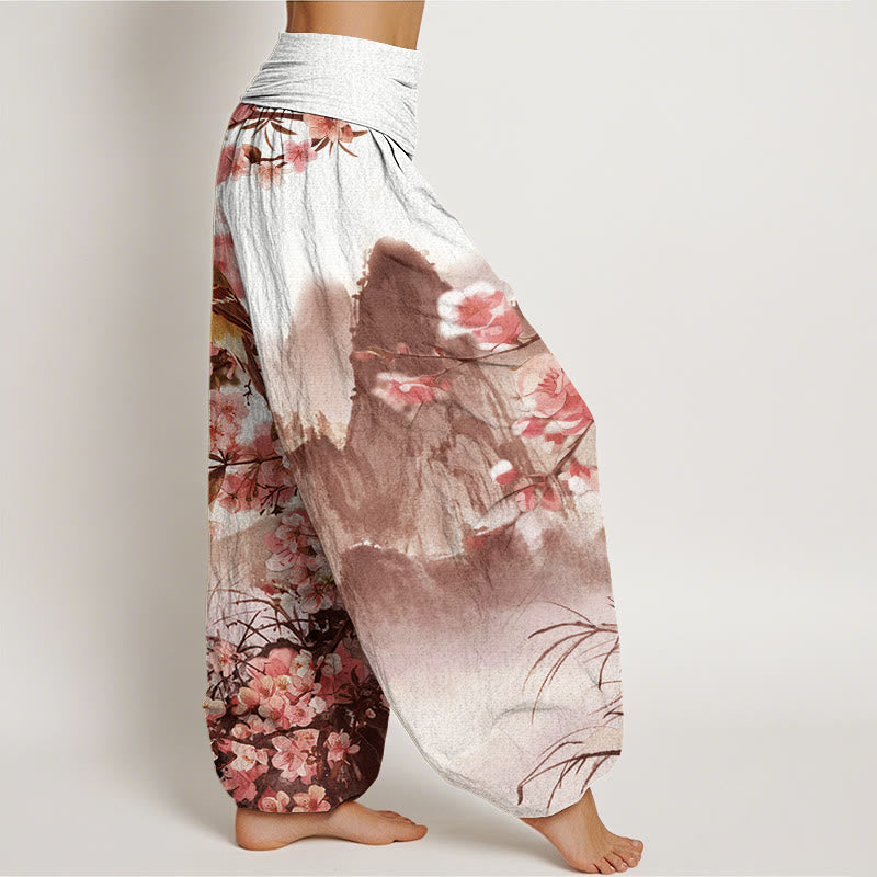 Cotton Bird Cherry Blossom Mountains Pattern Women's Elastic Waist Harem Pants