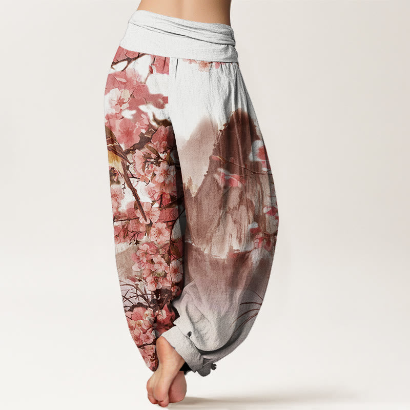 Cotton Bird Cherry Blossom Mountains Pattern Women's Elastic Waist Harem Pants