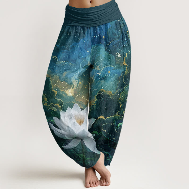 Cotton Casual Lotus Starry Sky Clouds Pattern Women's Elastic Waist Harem Pants