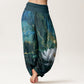 Cotton Casual Lotus Starry Sky Clouds Pattern Women's Elastic Waist Harem Pants