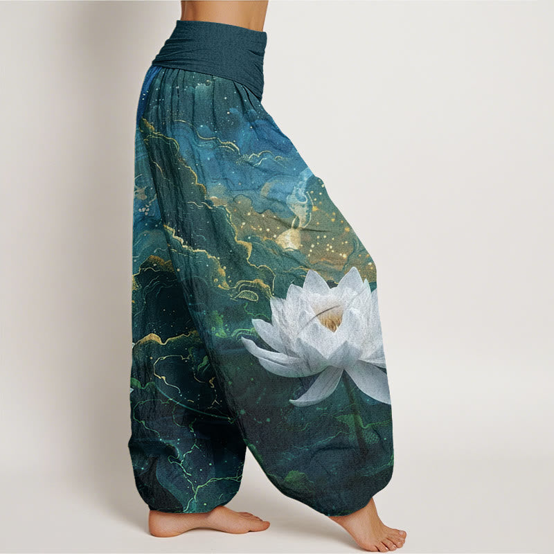Cotton Casual Lotus Starry Sky Clouds Pattern Women's Elastic Waist Harem Pants