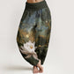 Cotton Casual Lotus Starry Sky Clouds Pattern Women's Elastic Waist Harem Pants