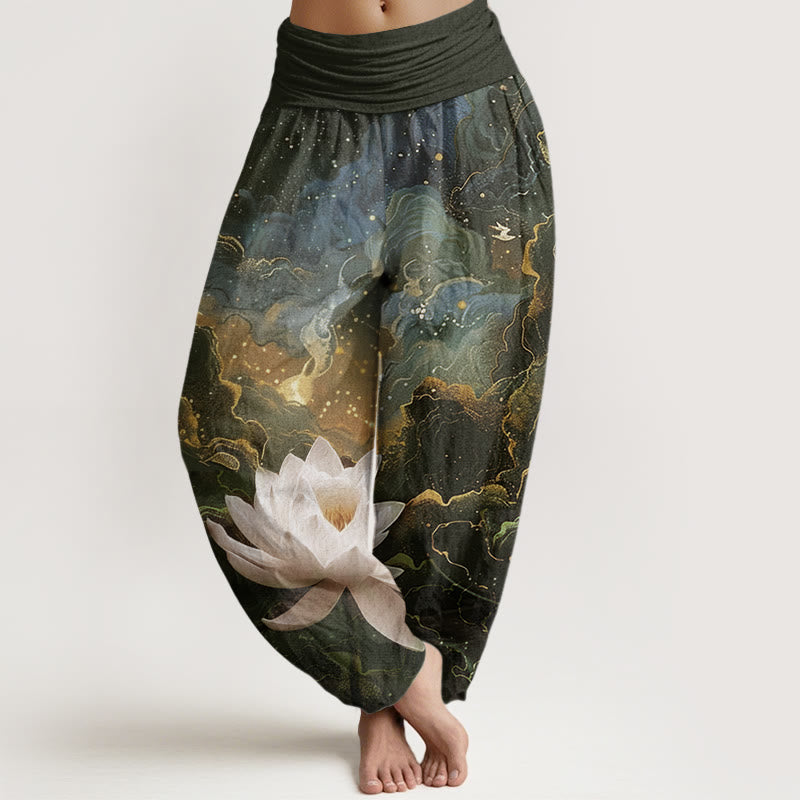 Cotton Casual Lotus Starry Sky Clouds Pattern Women's Elastic Waist Harem Pants
