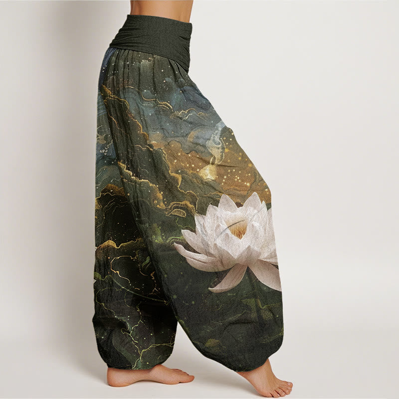 Cotton Casual Lotus Starry Sky Clouds Pattern Women's Elastic Waist Harem Pants