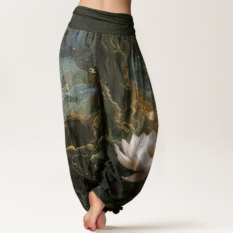 Cotton Casual Lotus Starry Sky Clouds Pattern Women's Elastic Waist Harem Pants
