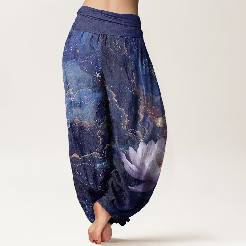 Cotton Casual Lotus Starry Sky Clouds Pattern Women's Elastic Waist Harem Pants