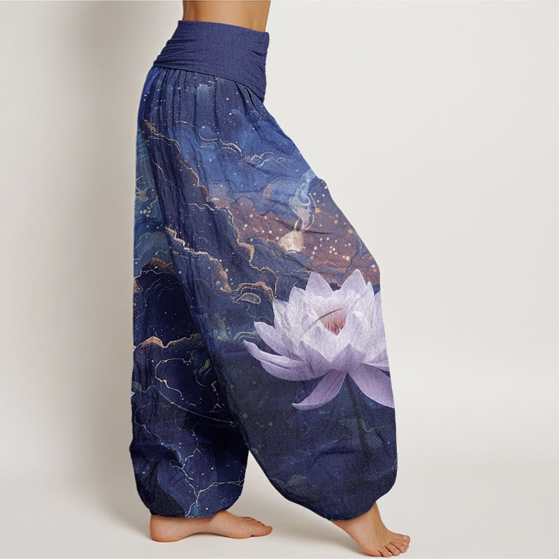 Cotton Casual Lotus Starry Sky Clouds Pattern Women's Elastic Waist Harem Pants