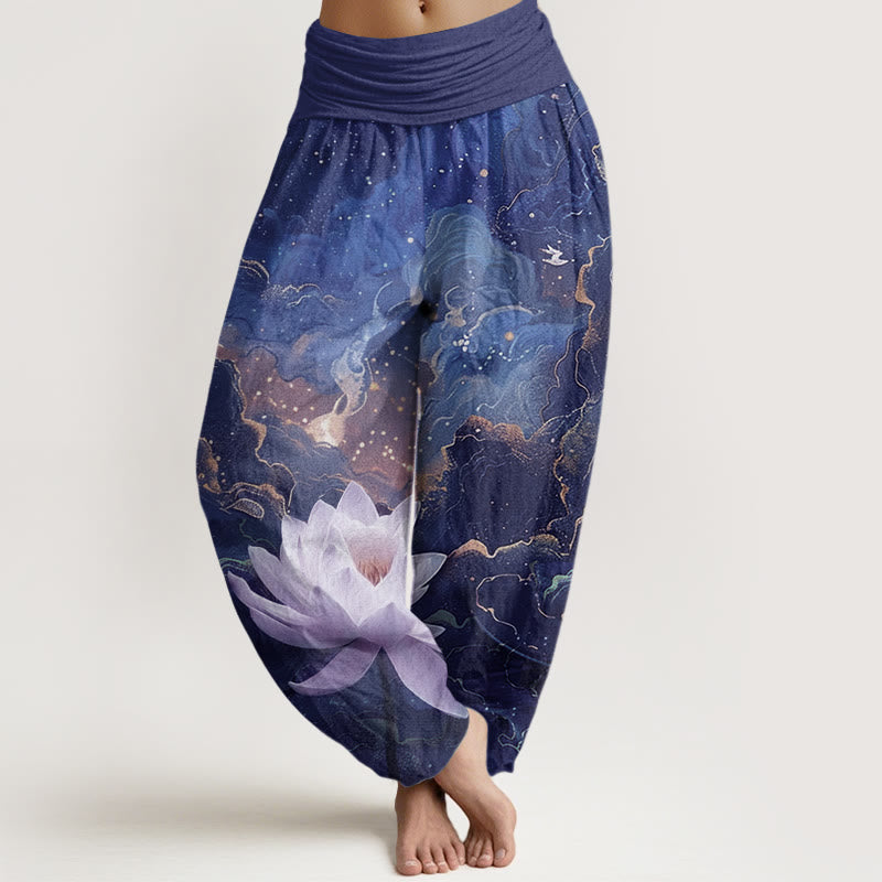 Cotton Casual Lotus Starry Sky Clouds Pattern Women's Elastic Waist Harem Pants